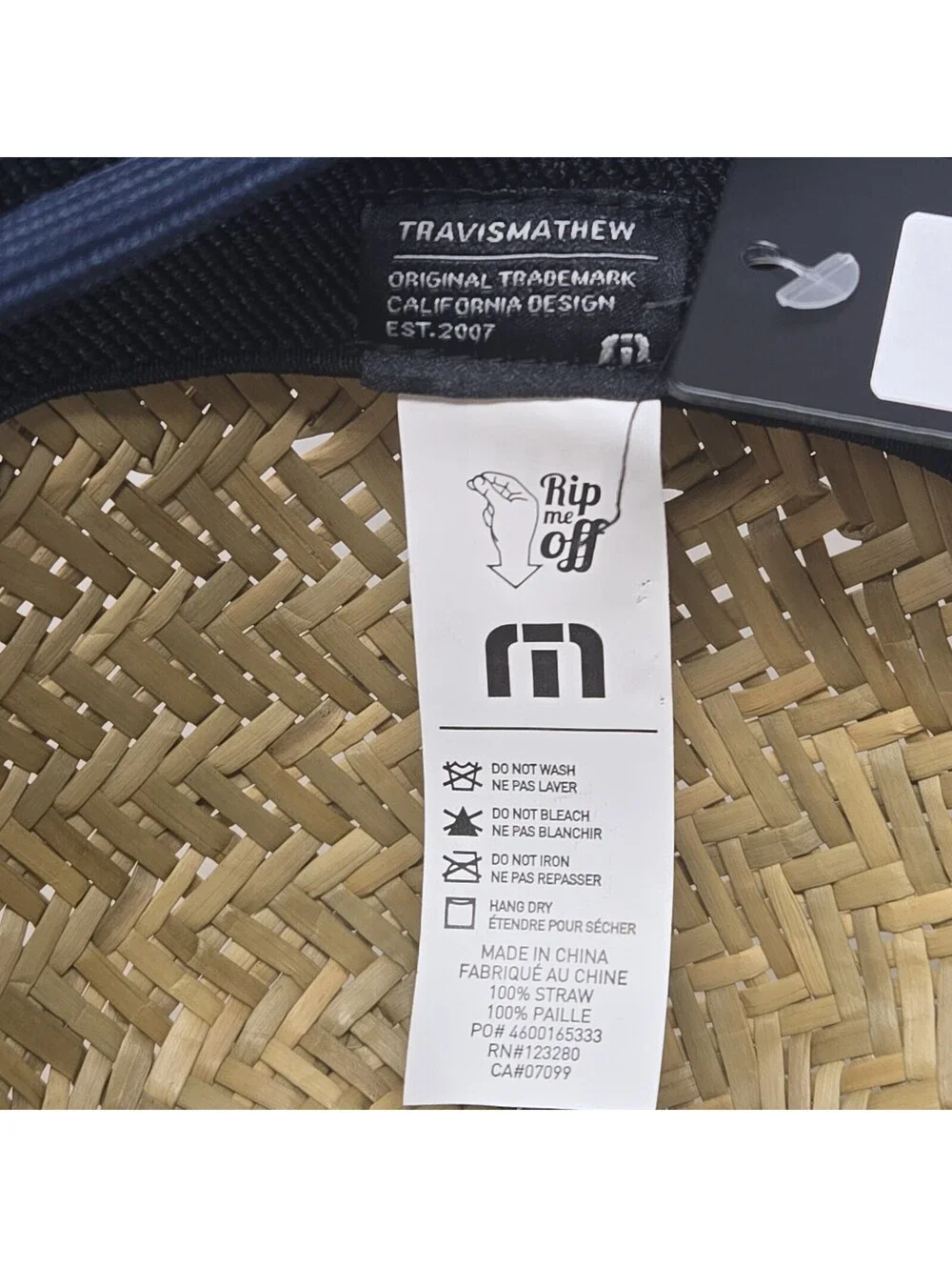 TravisMathew Straw Lifeguard Sun Hat Wide Brim Chin Strap Blue Trim New One Size